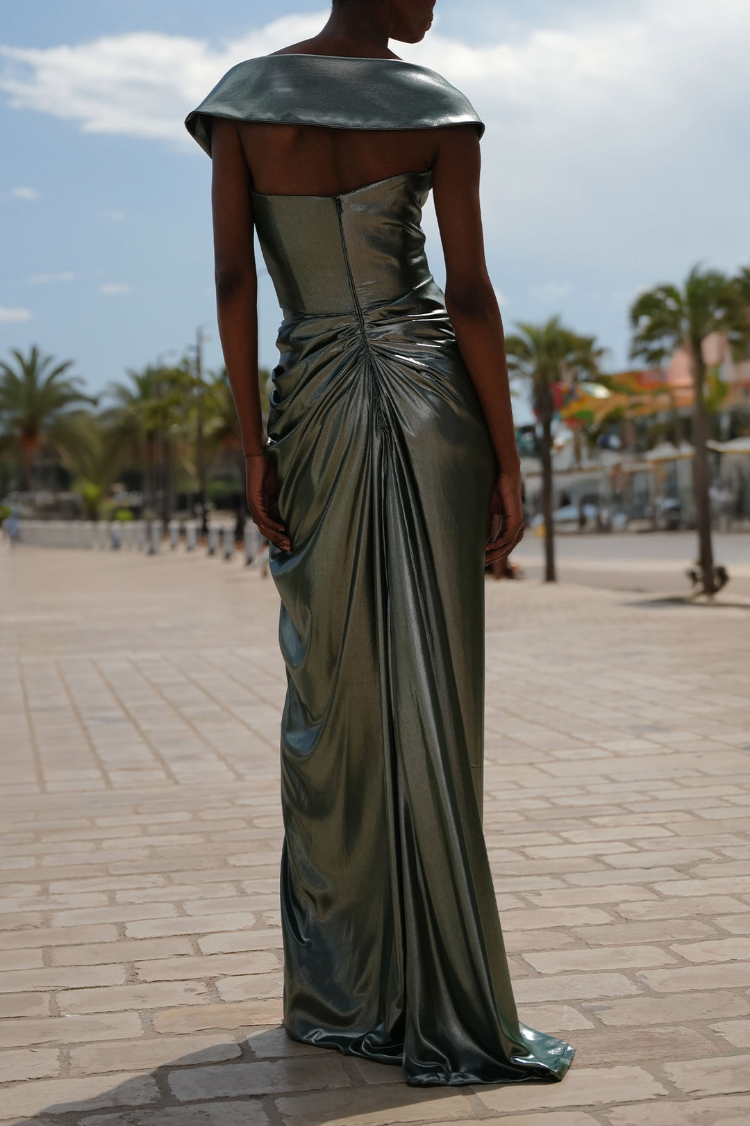 Athena Glossy Chiffon Long Dress In Olive