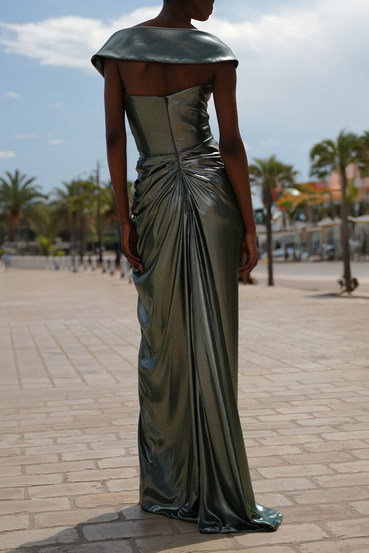 Athena Glossy Chiffon Long Dress In Olive