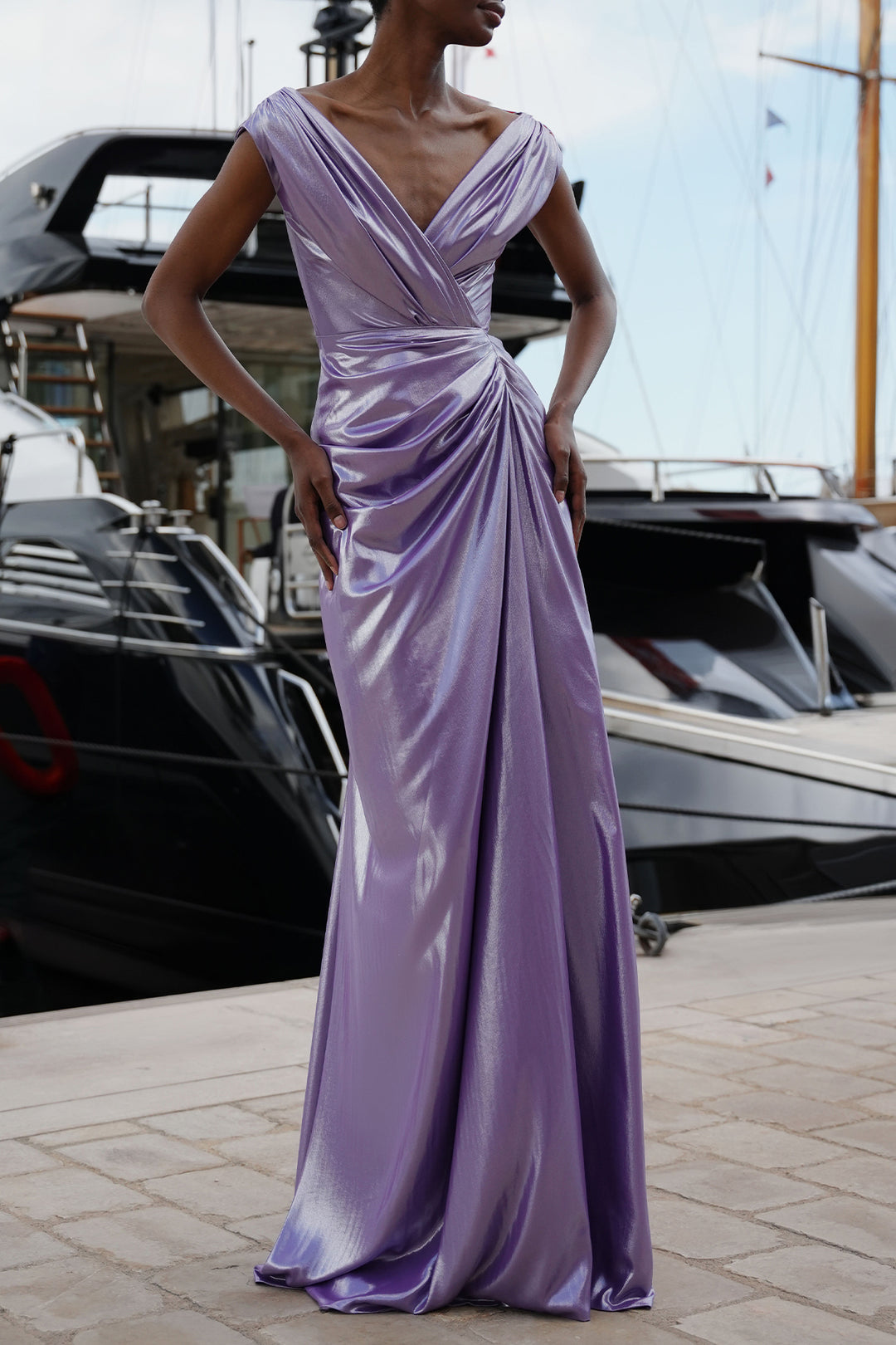 Saara Draped Glossy Chiffon Dress In Lavander