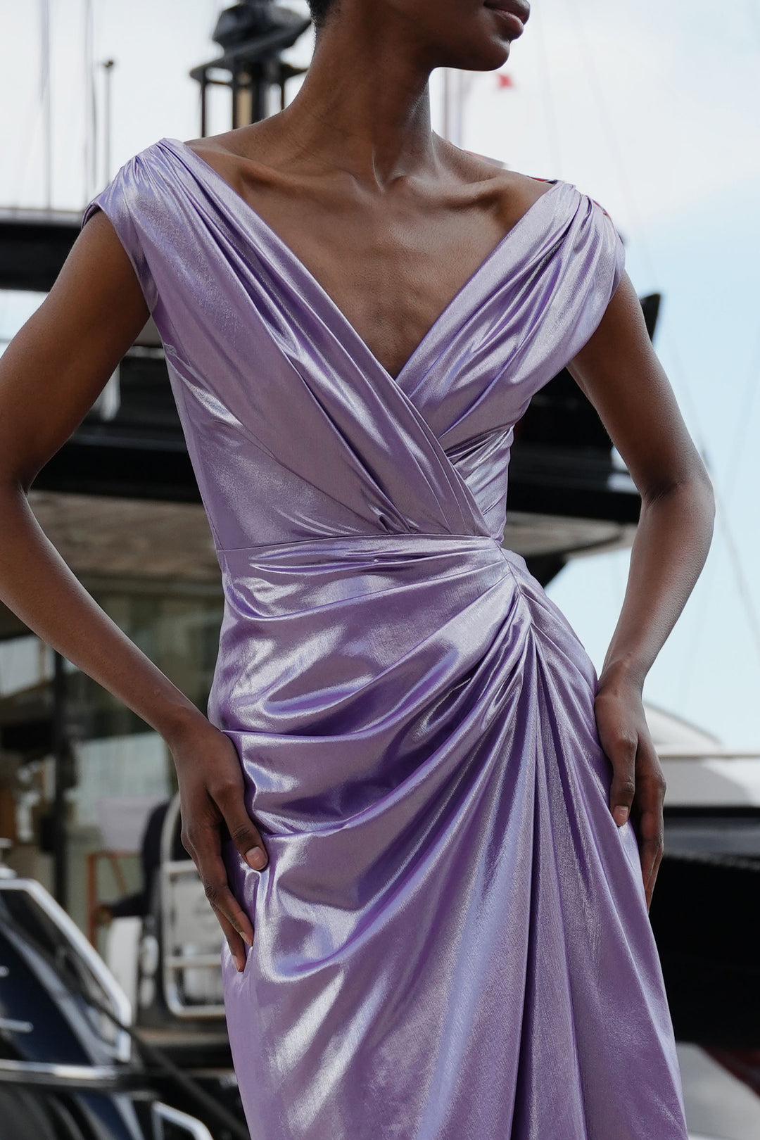 Saara Draped Glossy Chiffon Dress In Lavander