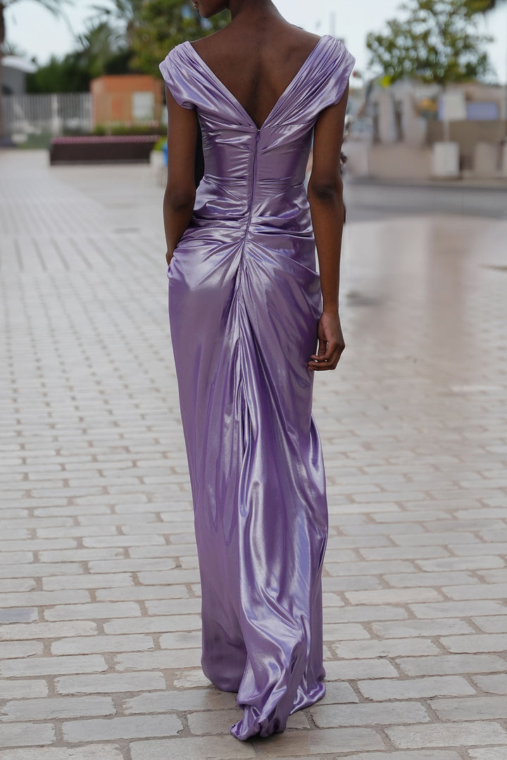 Saara Draped Glossy Chiffon Dress In Lavander