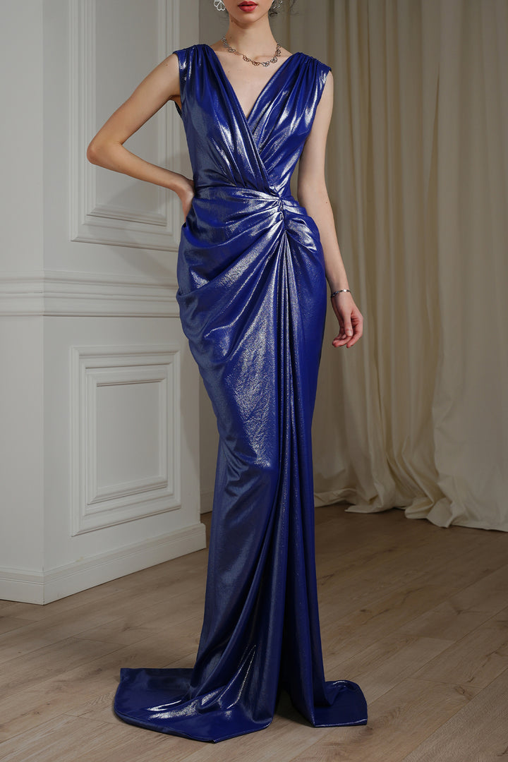 Saara Draped Glossy Chiffon Dress In Royal Blue