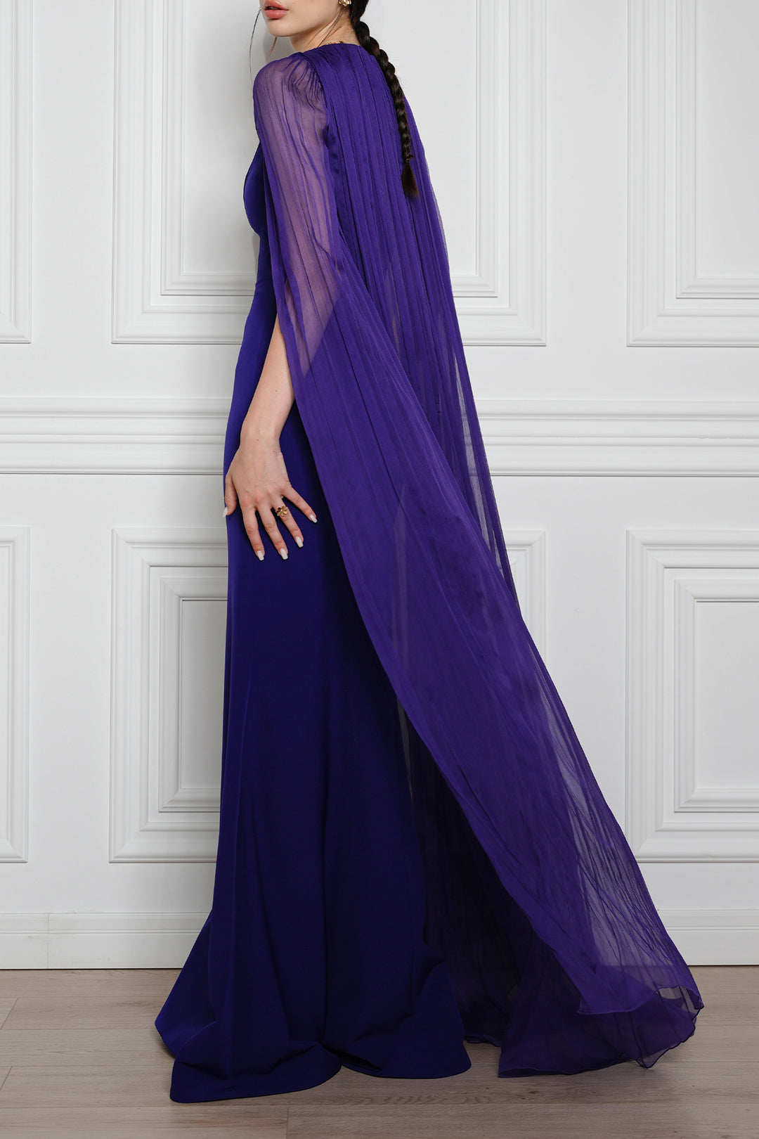 Mina Cape Long Dress In Indigo