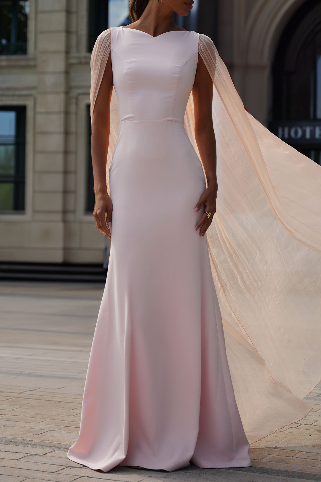 Mina Cape Long Dress In Soft-Peach Rhea Costa Mina Cape Long Dress In Soft-Peach Rhea Costa