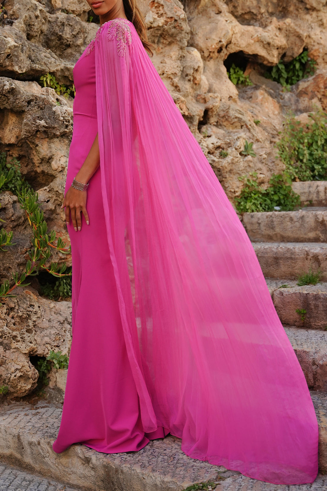 Esme V-Neck Dress with Flowing Silk Chiffon Cape In Fuchsia