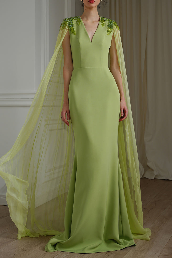 Esme V-Neck Dress with Flowing Silk Chiffon Cape In Pistachio