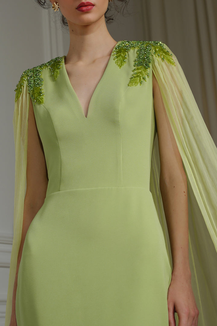 Esme V-Neck Dress with Flowing Silk Chiffon Cape In Pistachio