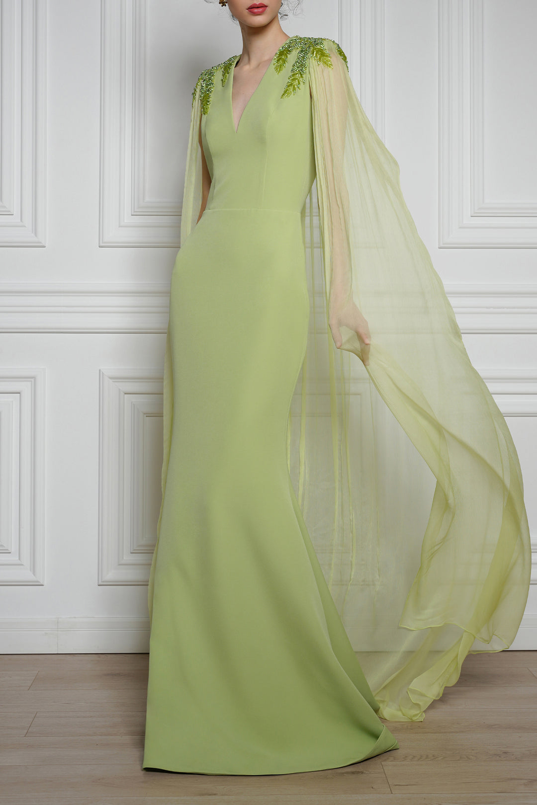 Esme V-Neck Dress with Flowing Silk Chiffon Cape In Pistachio