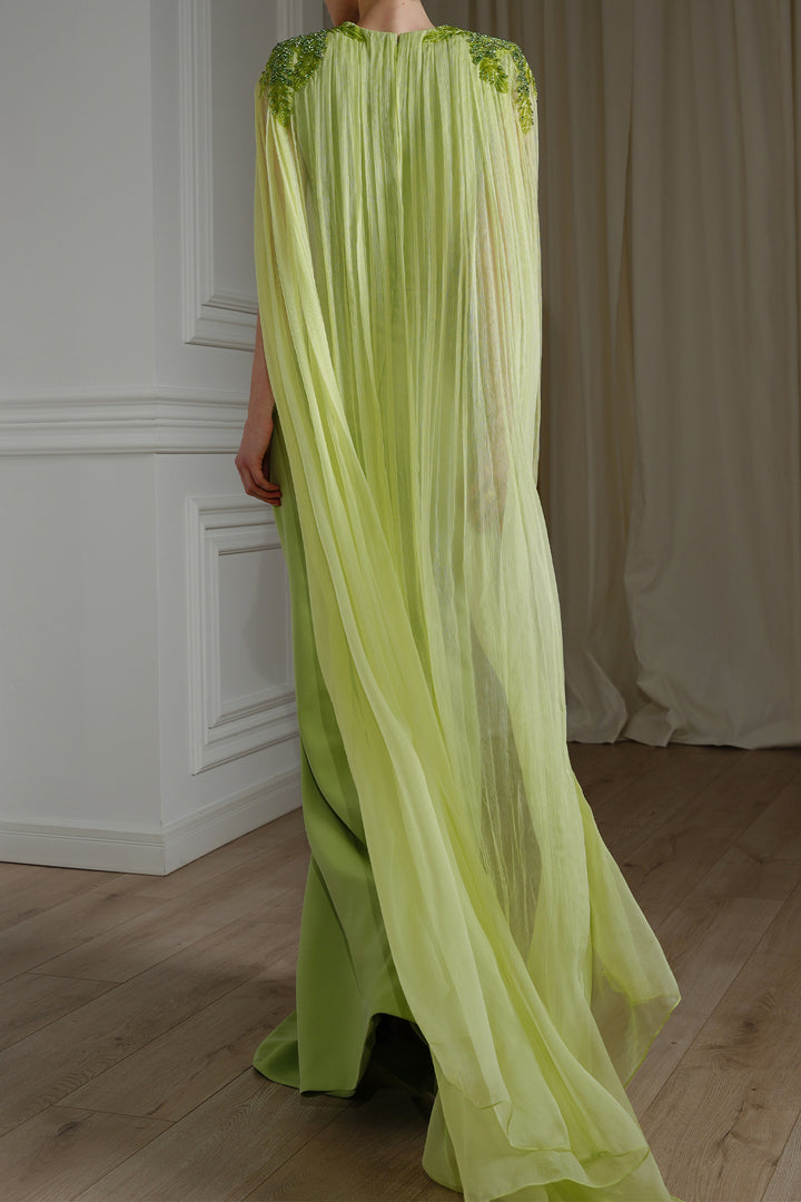 Esme V-Neck Dress with Flowing Silk Chiffon Cape In Pistachio