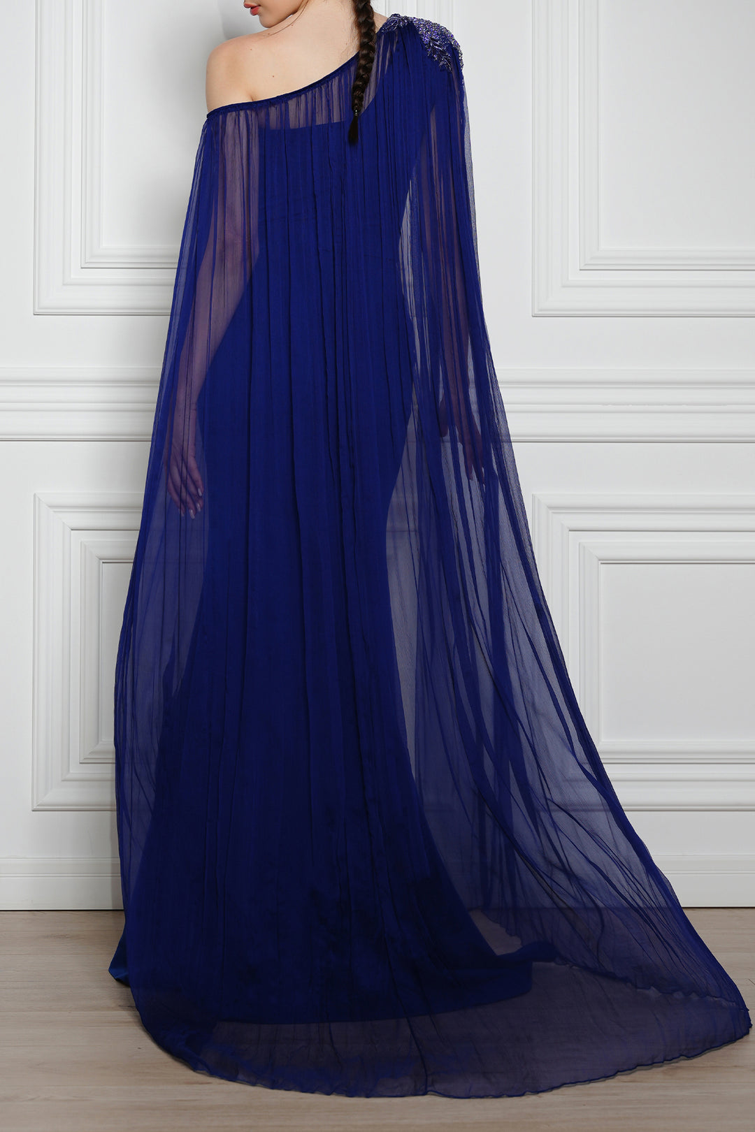 Vega One-Shoulder Mermaid Dress with Silk Chiffon Cape In Sapphire