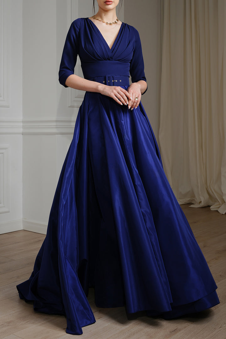 Jamie Taffeta and Crepe Long Dress In Dark Blue