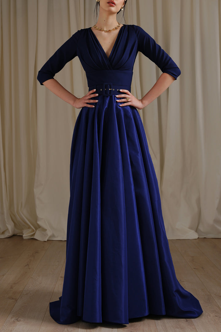 Jamie Taffeta and Crepe Long Dress In Dark Blue