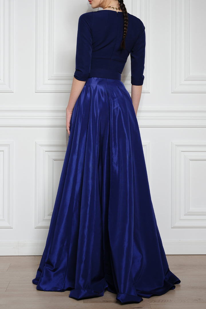 Jamie Taffeta and Crepe Long Dress In Dark Blue