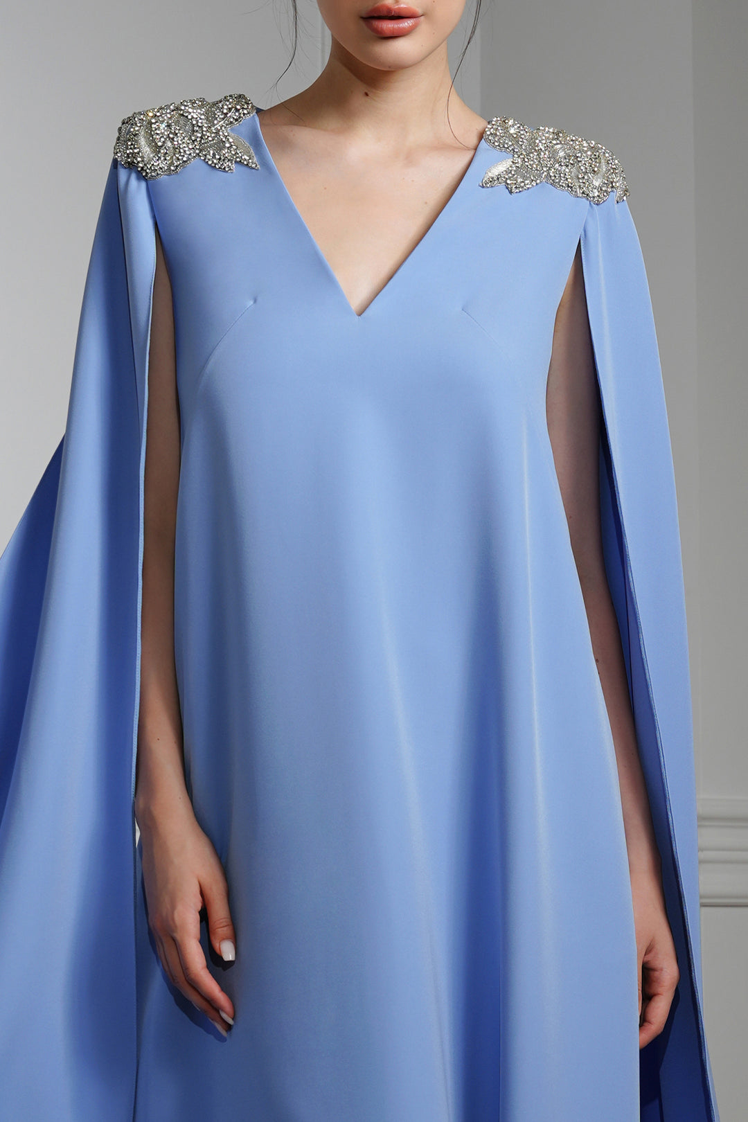 Revy Crystal-Embroidered Cape Crepe Dress In Blue Ciel