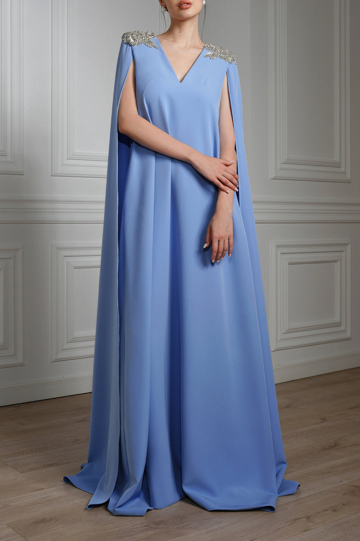 Revy Crystal-Embroidered Cape Crepe Dress In Blue Ciel