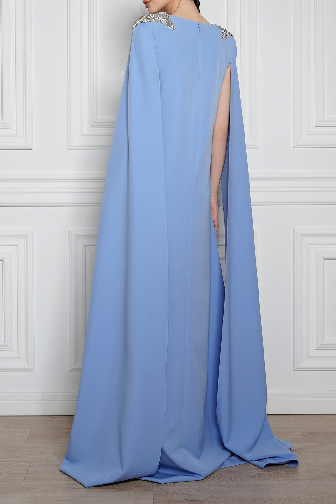 Revy Crystal-Embroidered Cape Crepe Dress In Blue Ciel