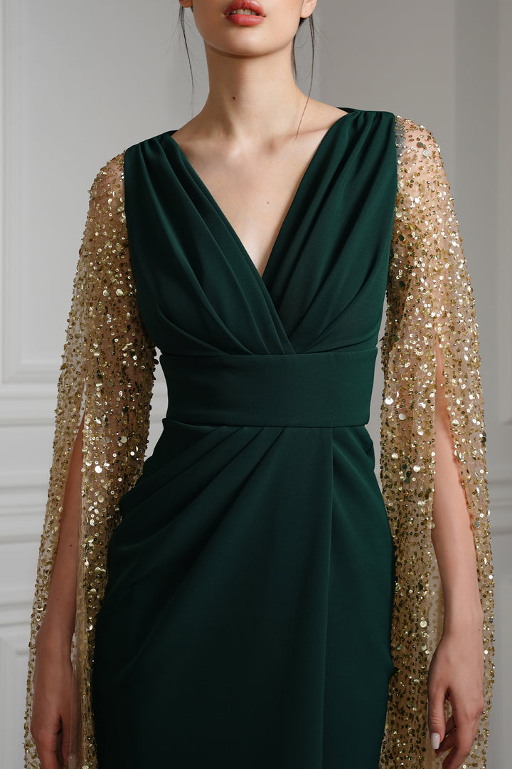 Noemy Crepe Embroidery Dress In Gold Dark Green