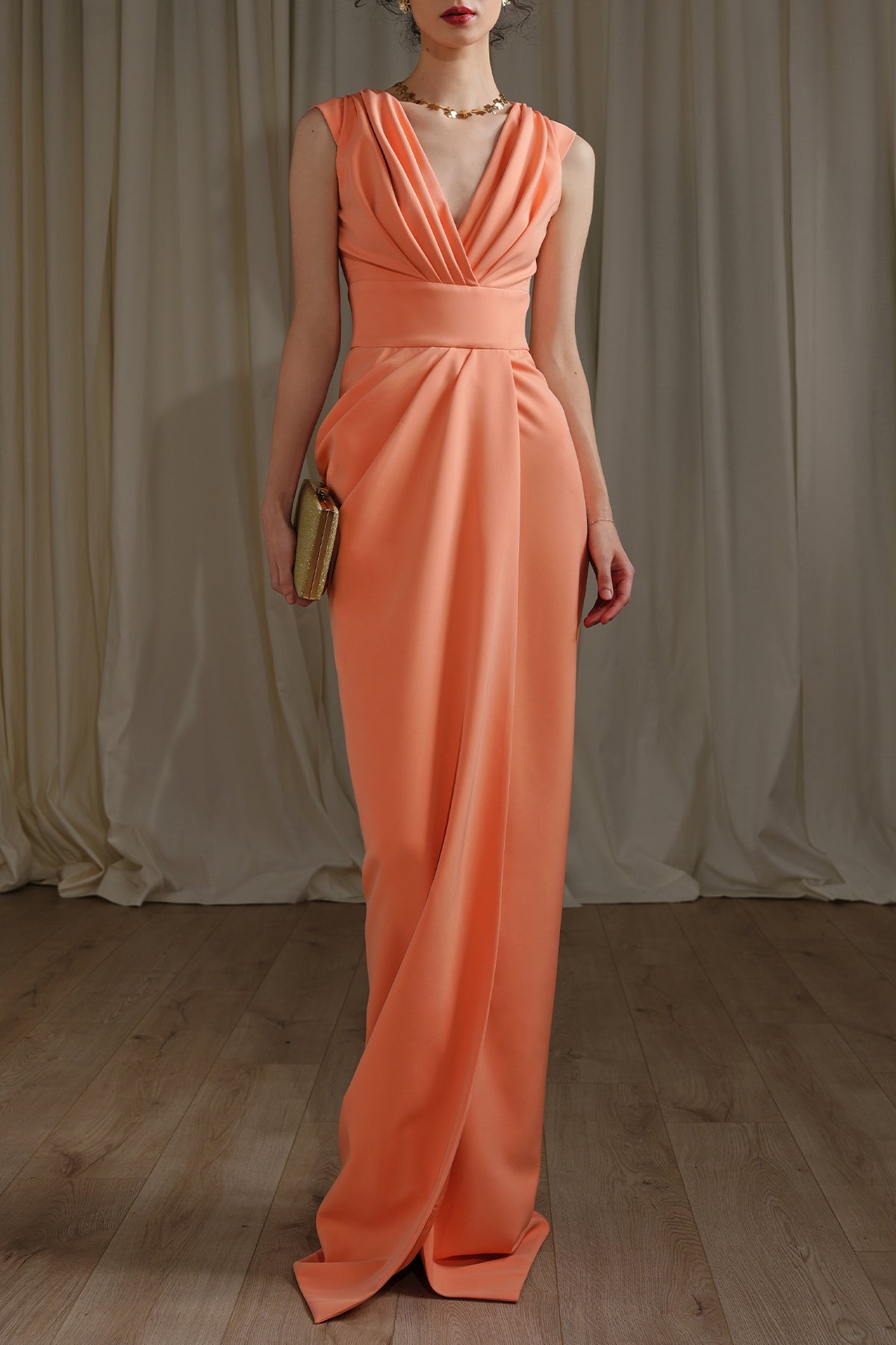 Liz Crepe Long Dress In Salmon-Pink Rhea Costa Liz Crepe Long Dress In Salmon-Pink Rhea Costa