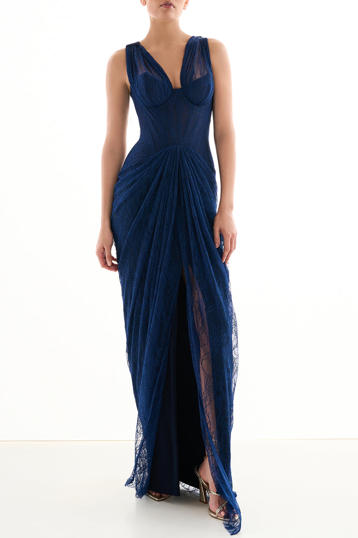 Naila Lace Long Dress In Midnight-Blue
