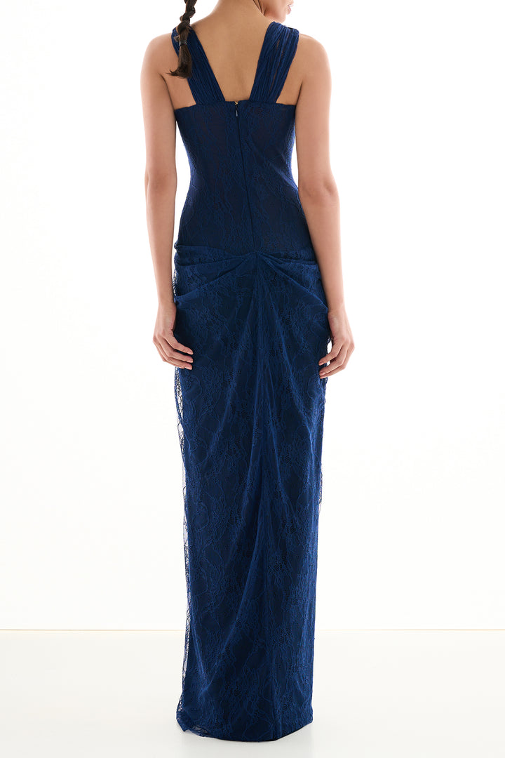 Naila Lace Long Dress In Midnight-Blue