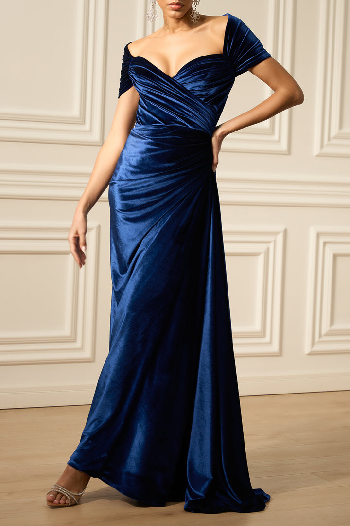 Gaia Velvet Long Dress In Midnight-Blue