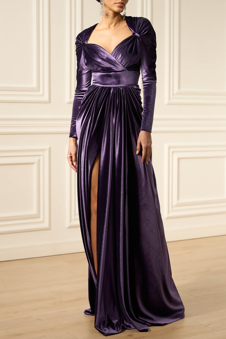 Basma Velvet Long Dress In Dusty-Purple