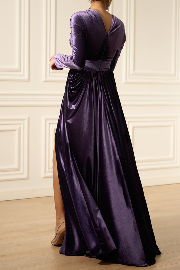 Basma Velvet Long Dress In Dusty-Purple