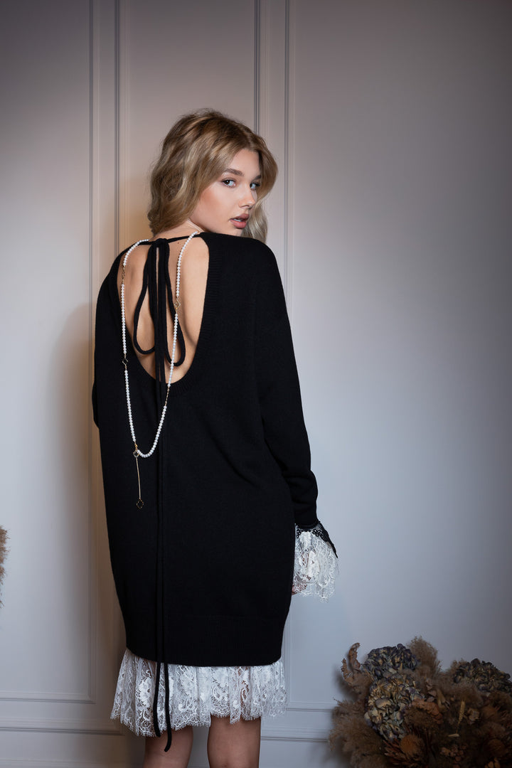 Aniel Black Open Back Wool and Cashmere-blend Dress