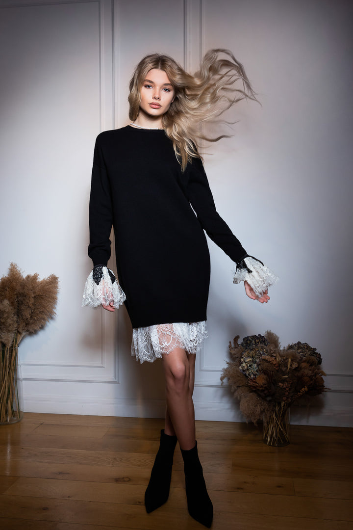 Aniel Black Open Back Wool and Cashmere-blend Dress