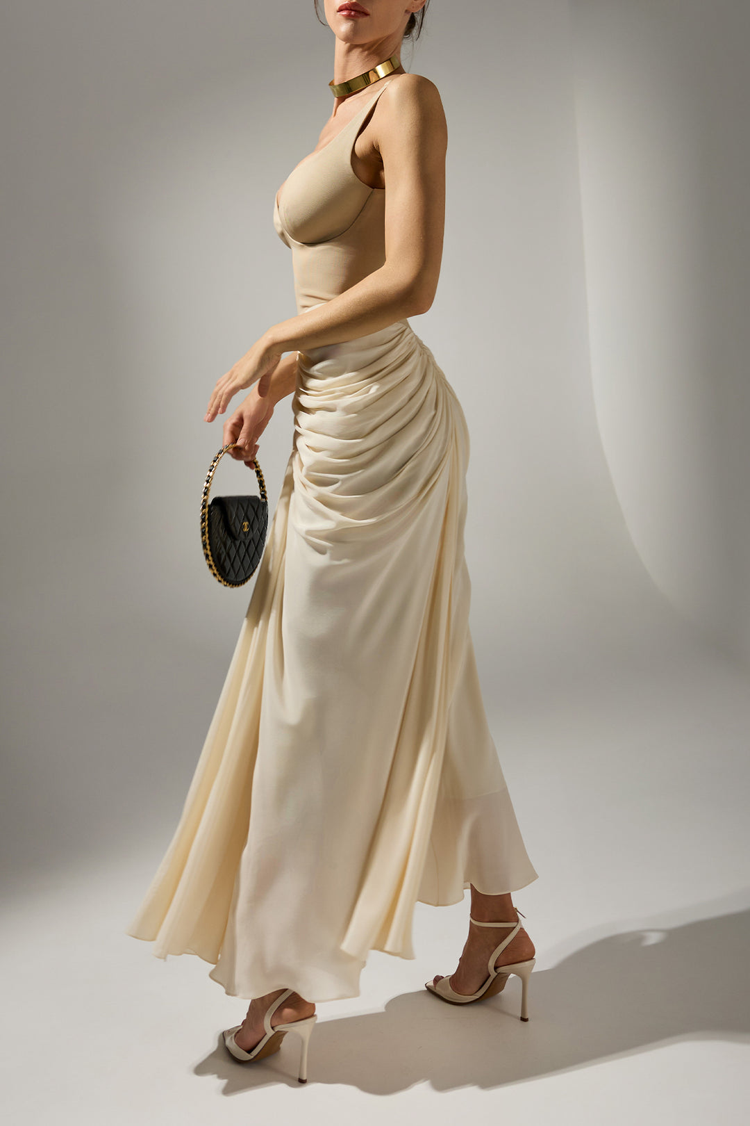 cream nude dress SHEIN BAE Nude Cream Ruched Venus Hem A-Line Dress,Elegant Summer Vacation Holiday Strapless Long Draped Greek Goddess Dress For Party, Date,Prom,Work