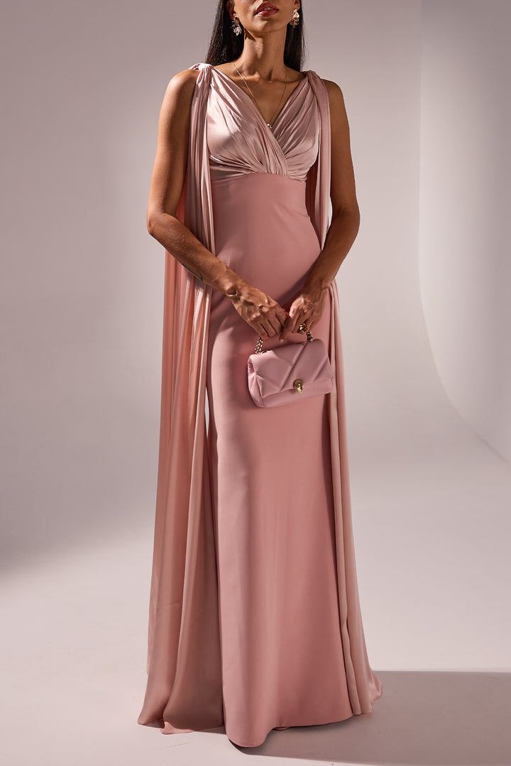 Aiman Silk Cape Long Dress In Blush