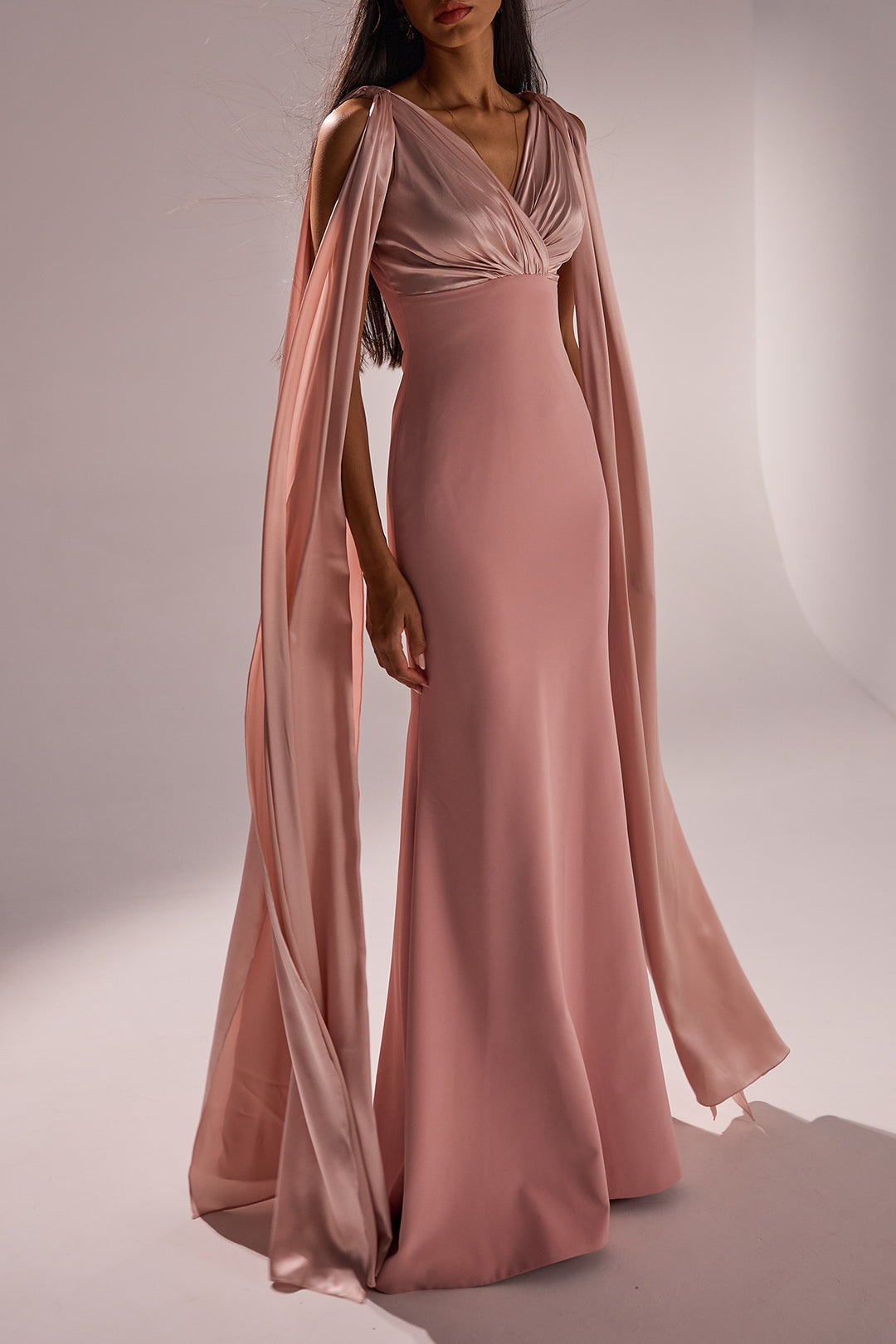 Aiman Silk Cape Long Dress In Blush