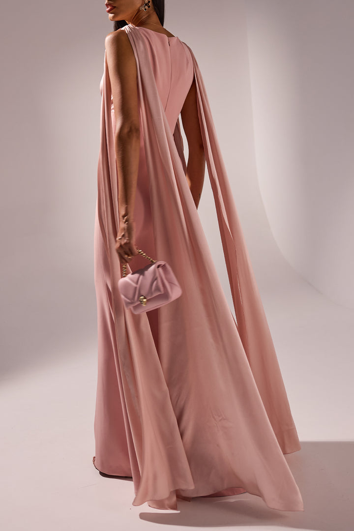 Aiman Silk Cape Long Dress In Blush