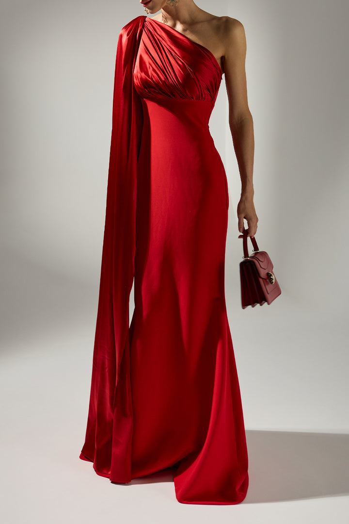 Saira Silk Cape Long Dress In True-Red