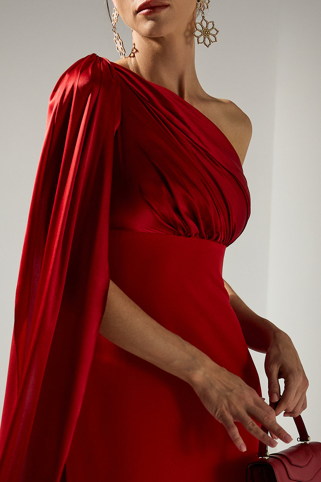Saira Silk Cape Long Dress In True-Red