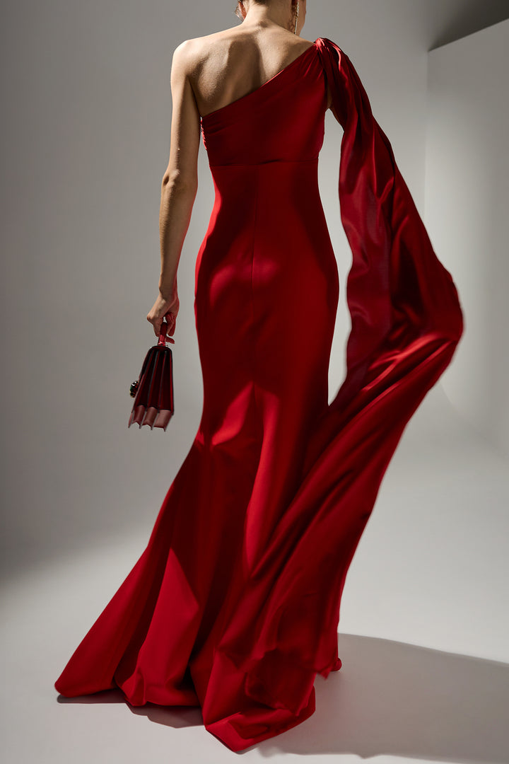 Saira Silk Cape Long Dress In True-Red