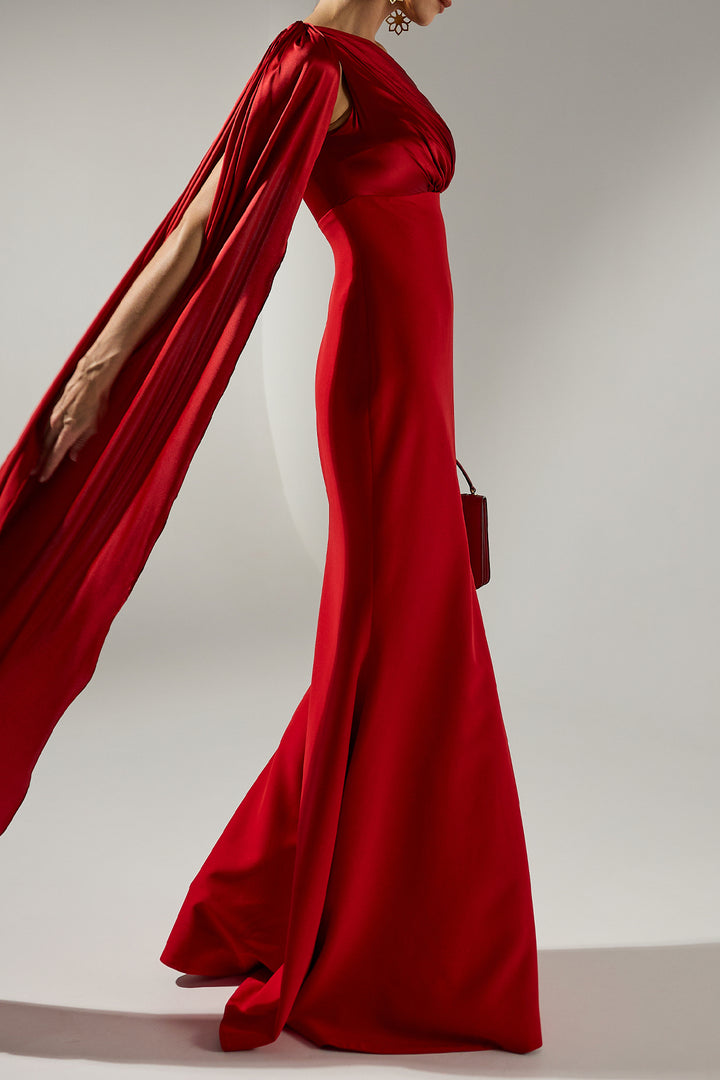 Saira Silk Cape Long Dress In True-Red