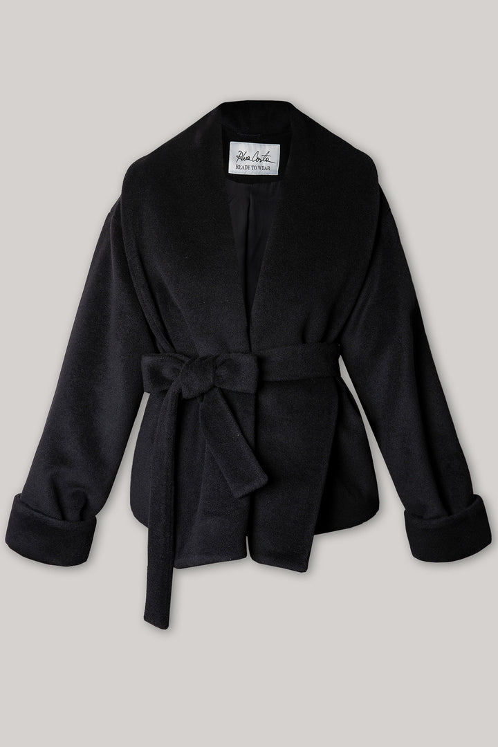 Wool Belted Short Coat In Black