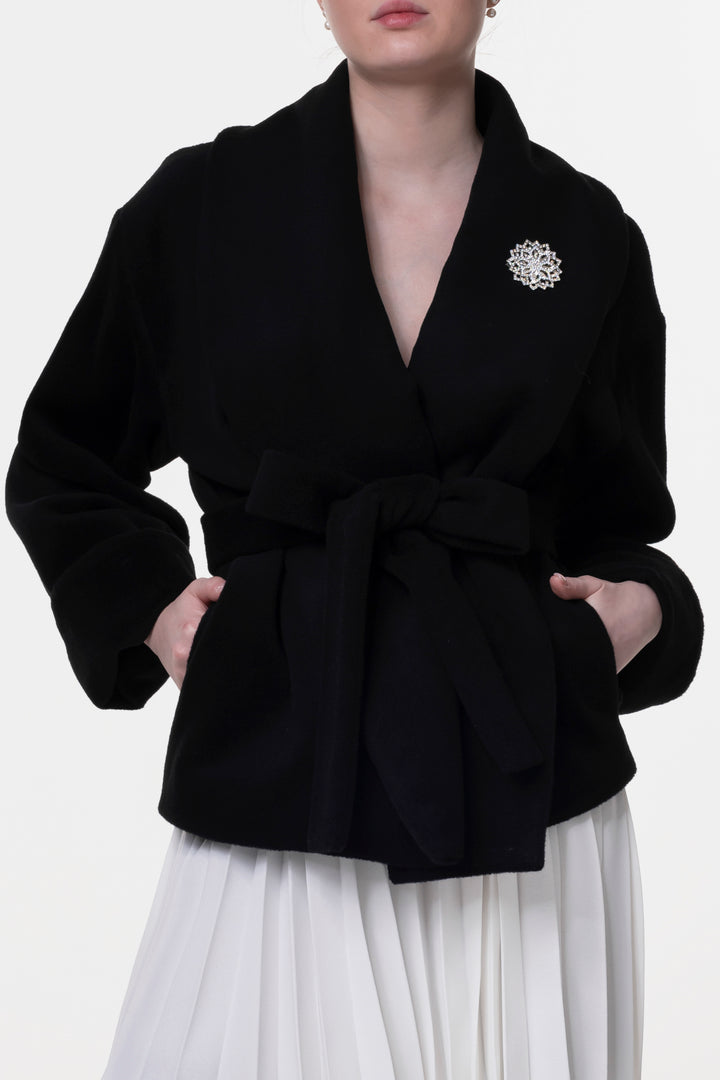 Wool Belted Short Coat In Black
