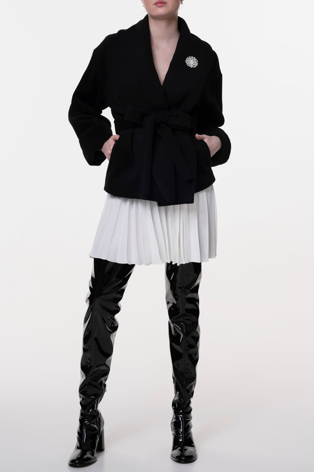 Wool Belted Short Coat In Black
