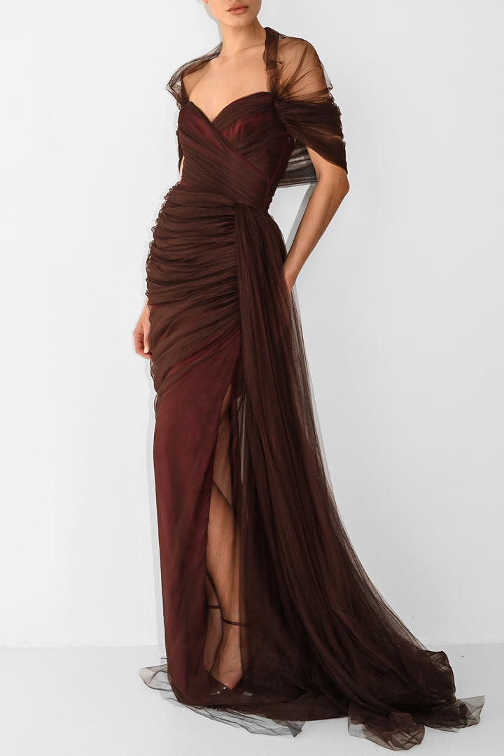 Gaia Tulle Dress In Raisin