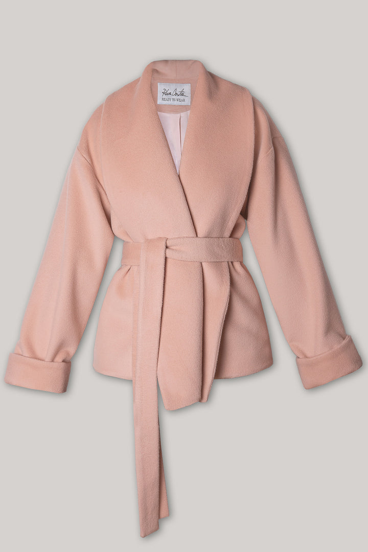 Wool Belted Short Coat In Powder
