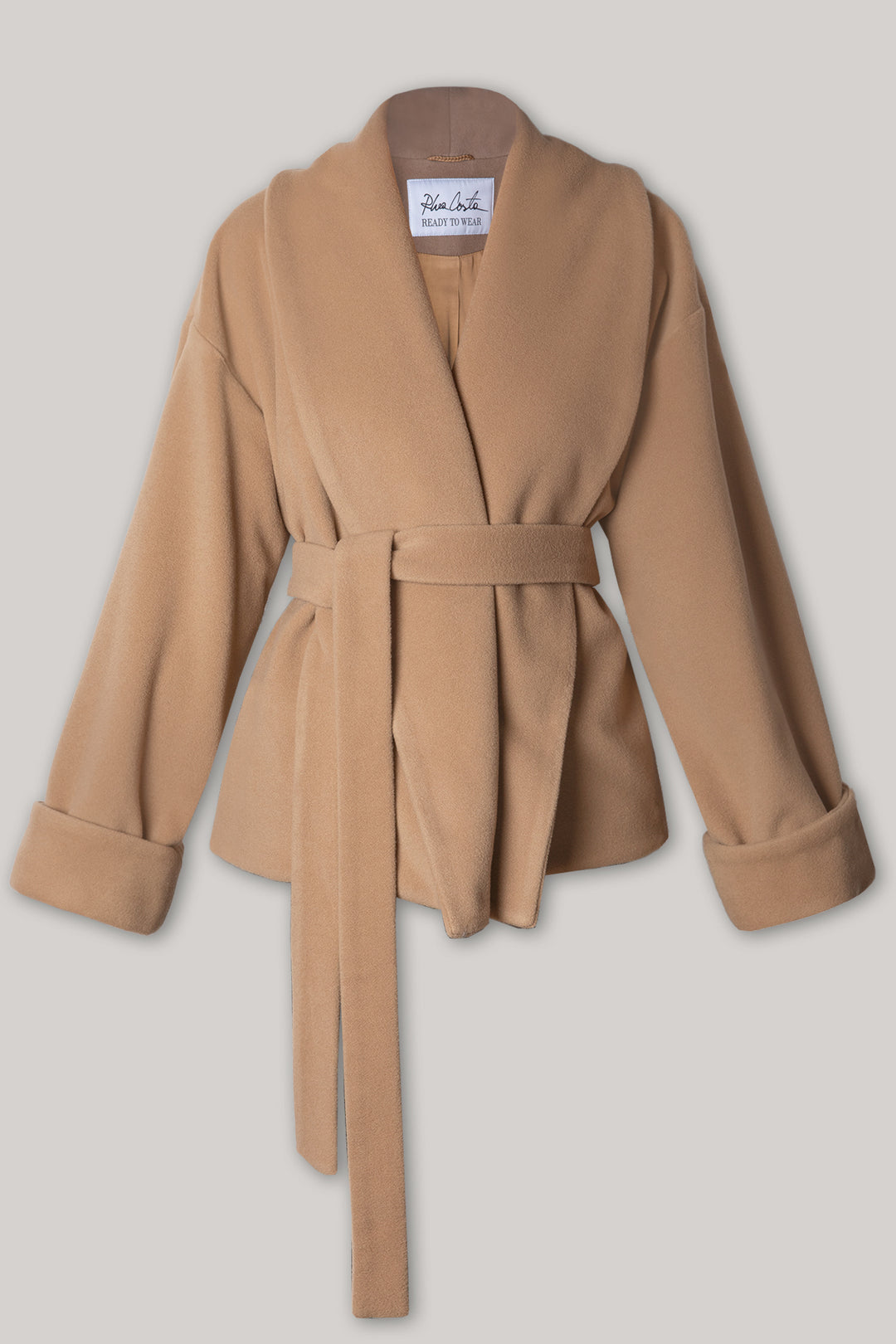 Wool Belted Short Coat In Dune