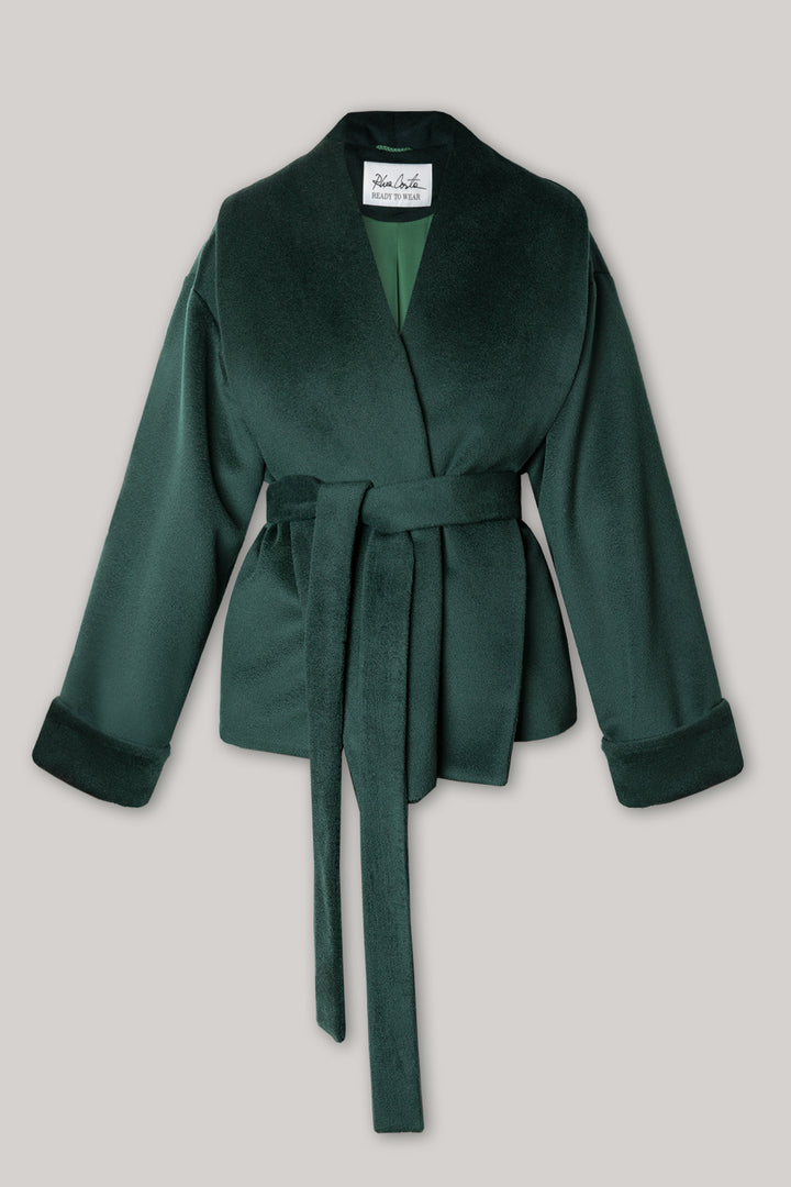 Wool Belted Short Coat In Dark-Green