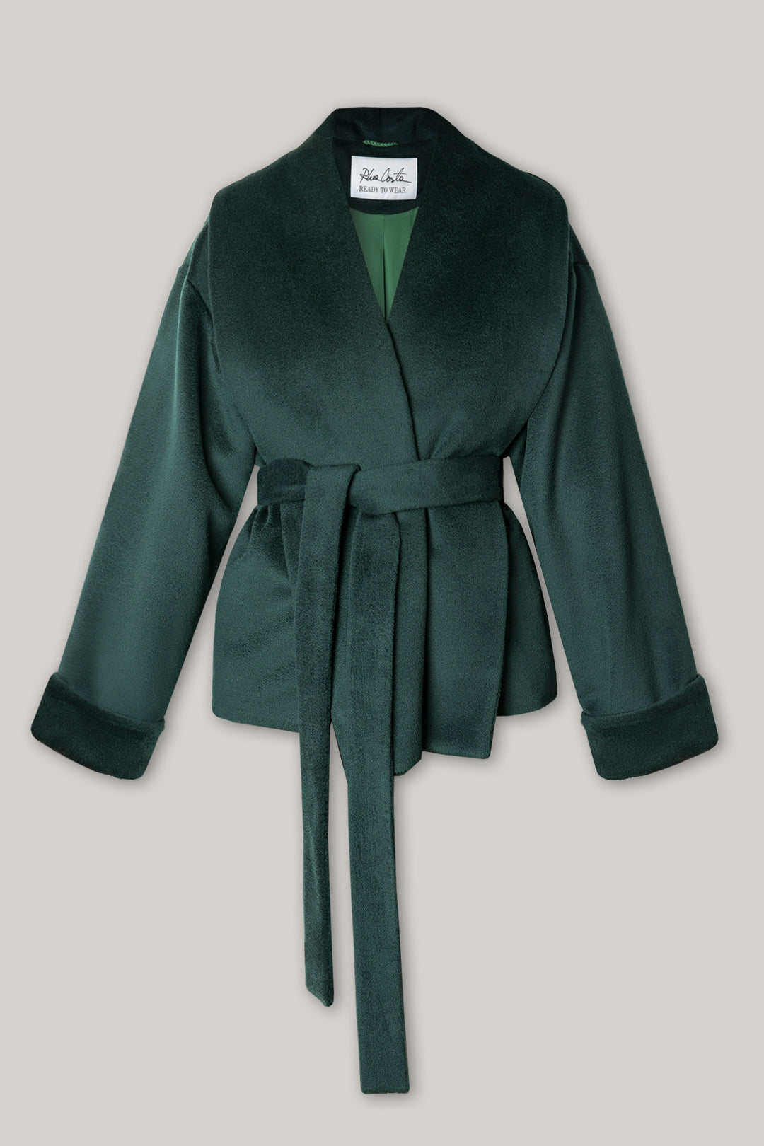 Wool Belted Short Coat In Dark-Green