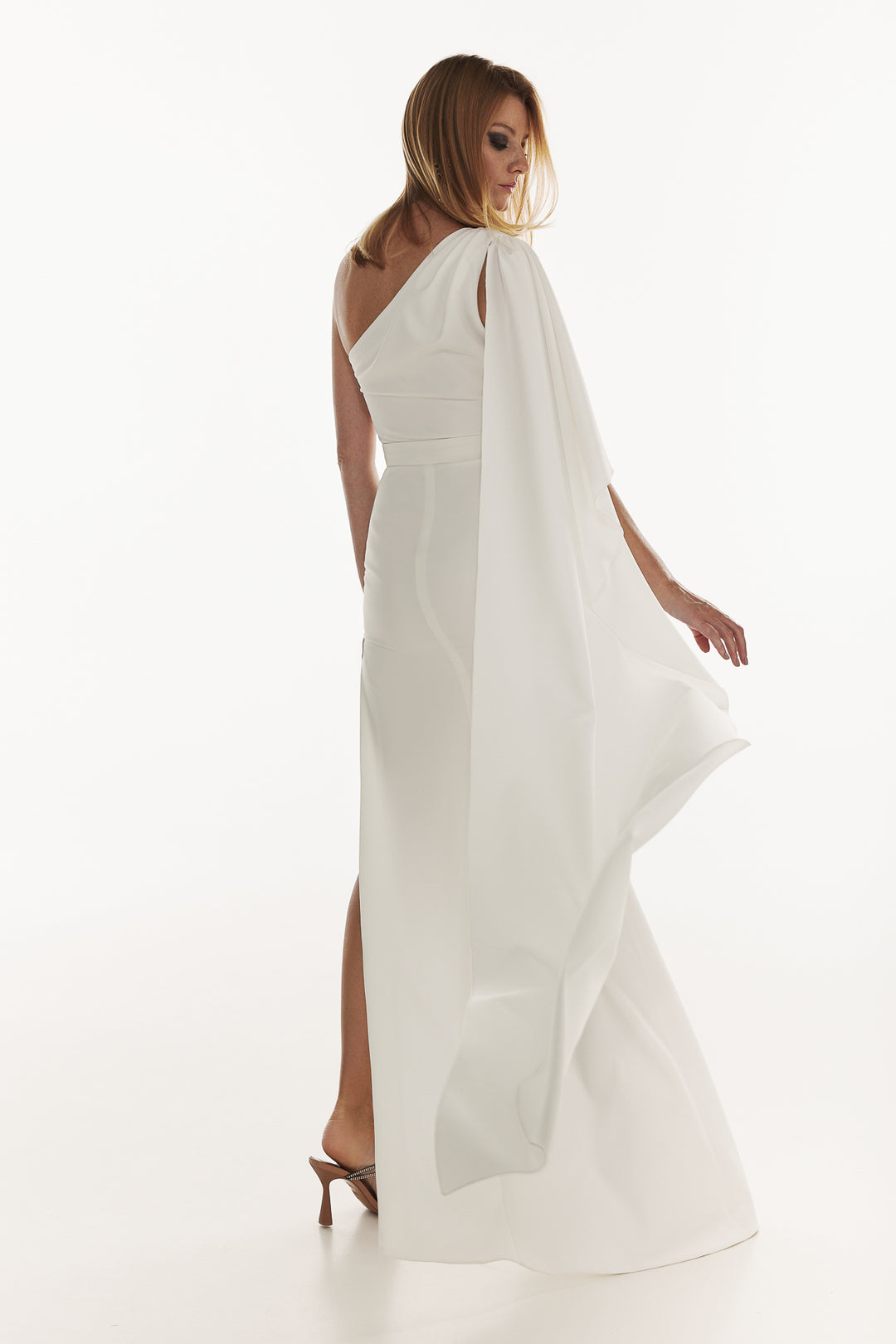 stretch chiffon ivory long one shoulder dress Handworked Flower Trimmed One-Shoulder Chiffon Maxi Dress
