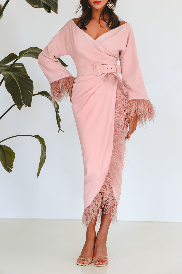 Mona Feathers Trimmed Blush Crepe Dress