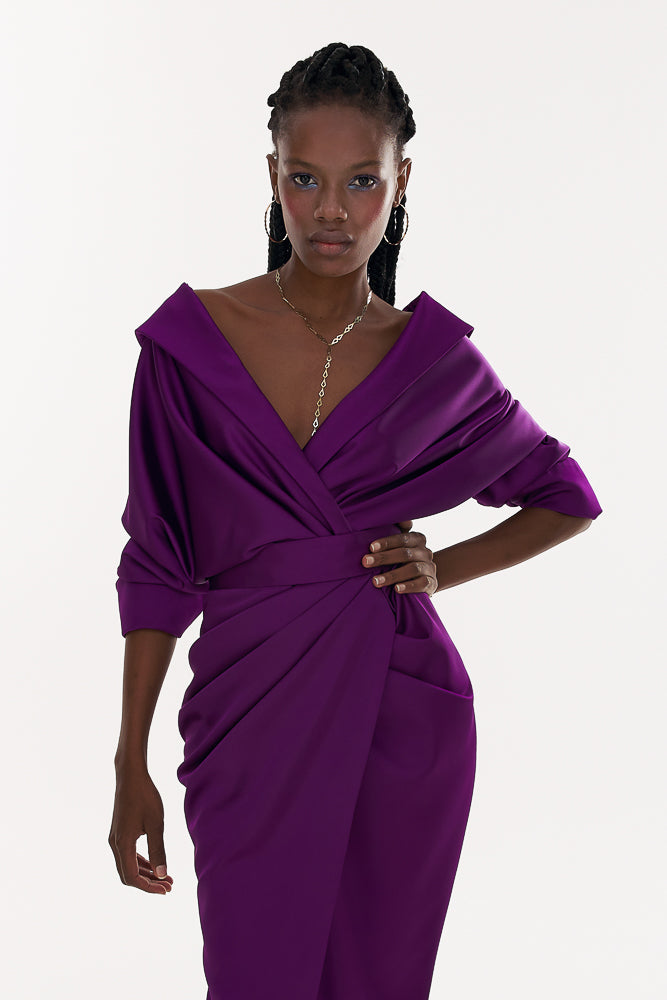 Angelina Satin Midi Dress in Royal Purple Rhea Costa