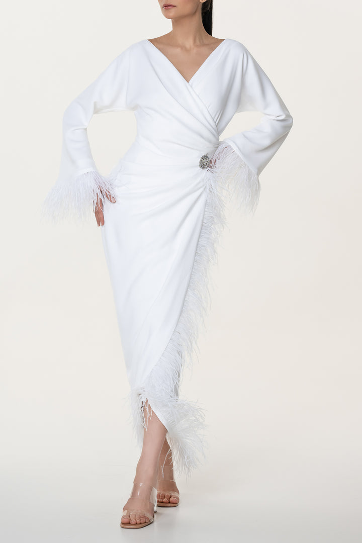 Mona Ivory Feathers Trimmed Crepe Dress
