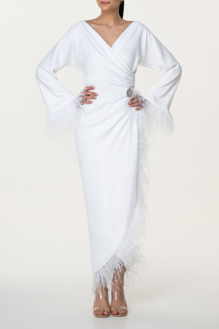 Mona Ivory Feathers Trimmed Crepe Dress